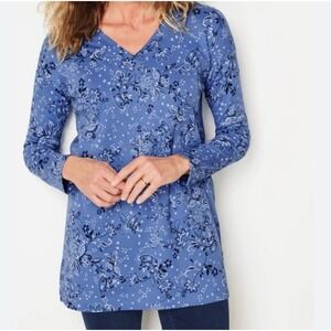 J. Jill Simply Supima Cotton Blue Paisley Floral V-Neck Tunic Women's L Comfort